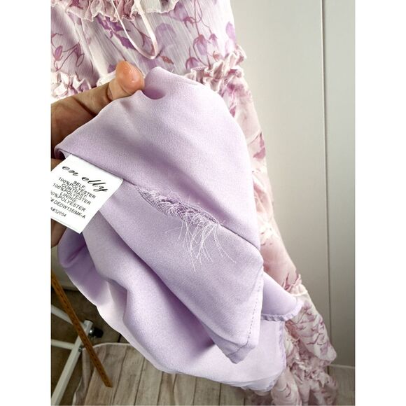 En Elly Ruffled Printed Maxi Dress in Pink Floral Plunge Strappy Cottagecore L - Picture 16 of 16